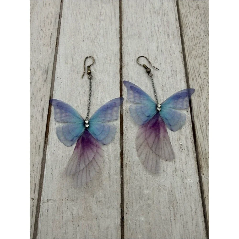 Delicate Butterfly cloth Drop Earrings in Blue & Purple